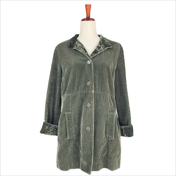 J. JILL Tumbled-Cord Corduroy & Velvet Button-Up Jacket Green Size M Boho Hippie - Picture 1 of 8